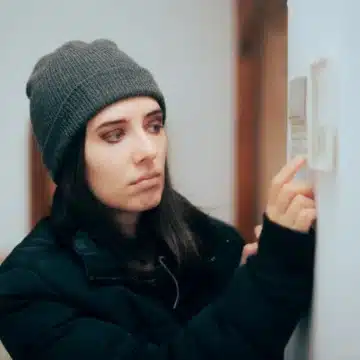 Woman checking thermostat due to cold indoor temperature